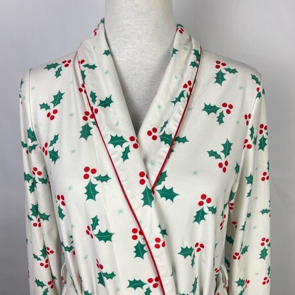 Sugar Bee | Bright Hollies White Red Green Print Holiday Christmas Short Robe - Picture 3 of 8